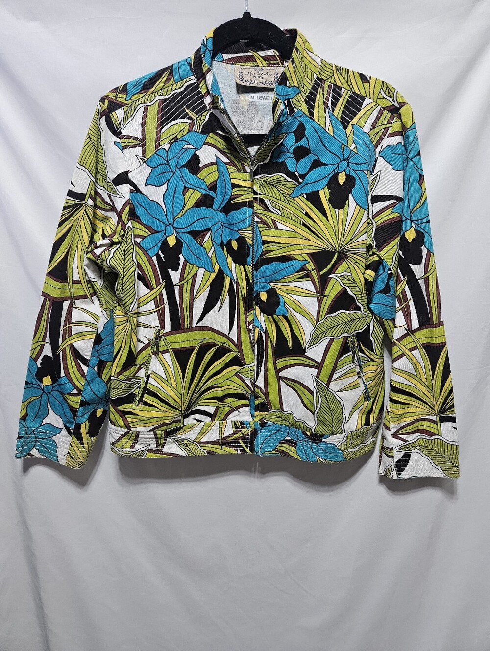 Life Style Petite Tropical Floral Zip Front Jacket PL 100% Cotton Blue Green